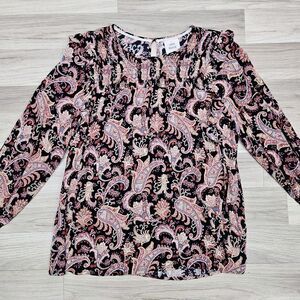 Knox Rose Womens Black Boho Floral Paisley Blouse Size Large Ruffles Longsleeve
